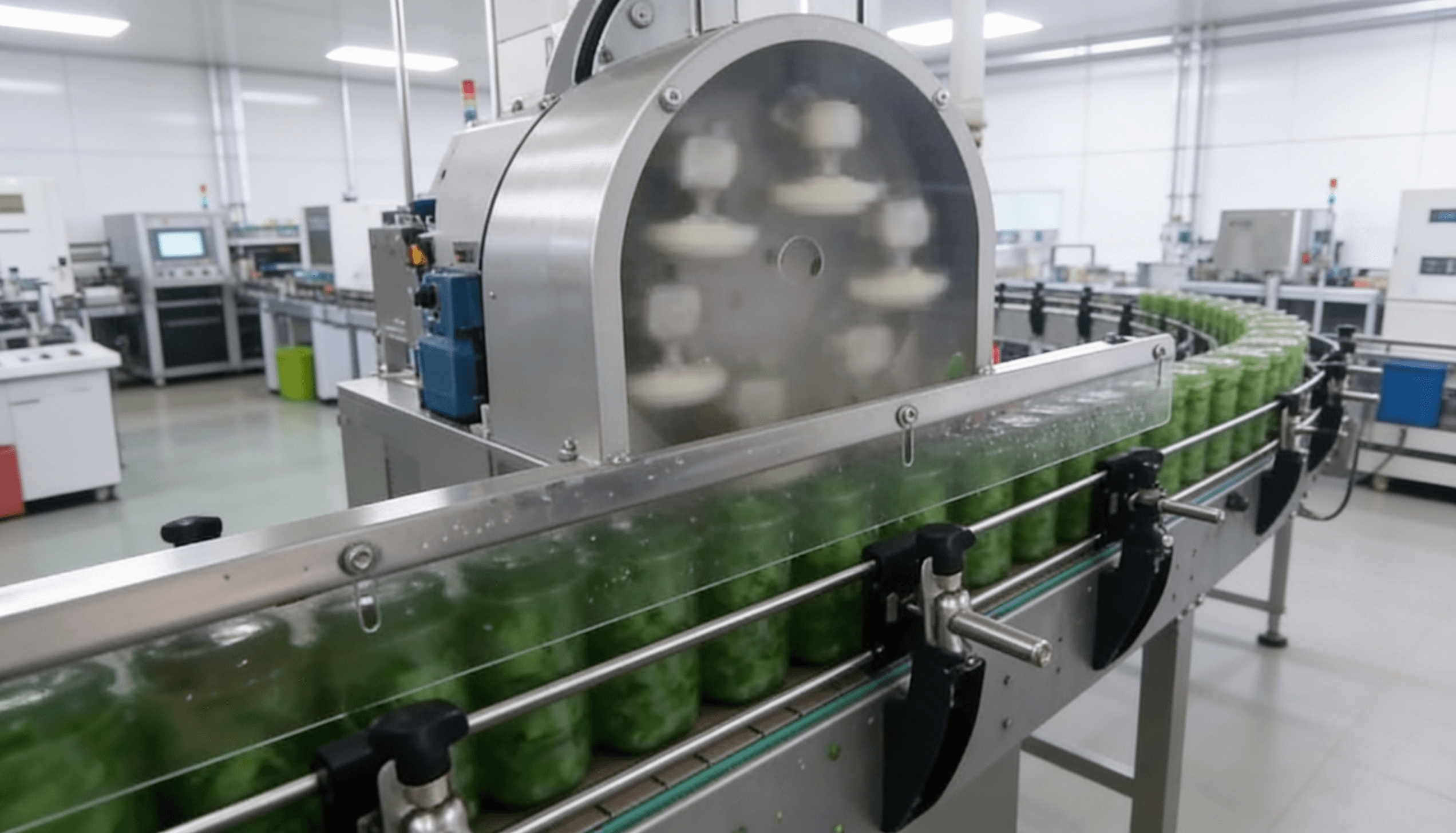 Pisador anticolmo CDE Smart Technology en funcionamiento sobre línea de envasado alimentaria, presionando el producto hacia el interior del envase antes del cierre