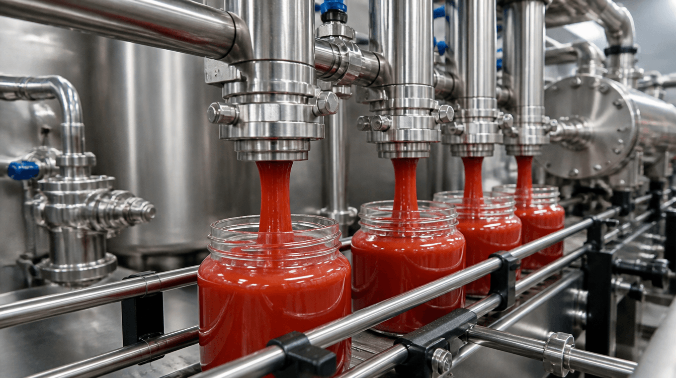 Llenadora industrial dosificando salsa de tomate en tarros de vidrio en una línea de producción alimentaria automatizada