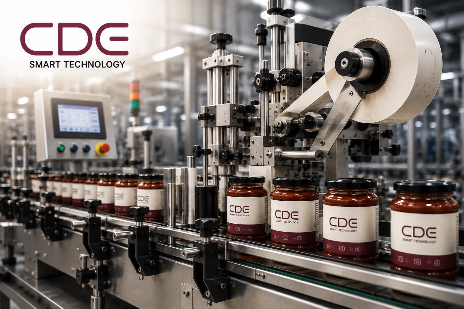 Etiquetadora industrial autoadhesiva de CDE Smart Technology aplicando etiquetas a tarros de vidrio en línea de envasado